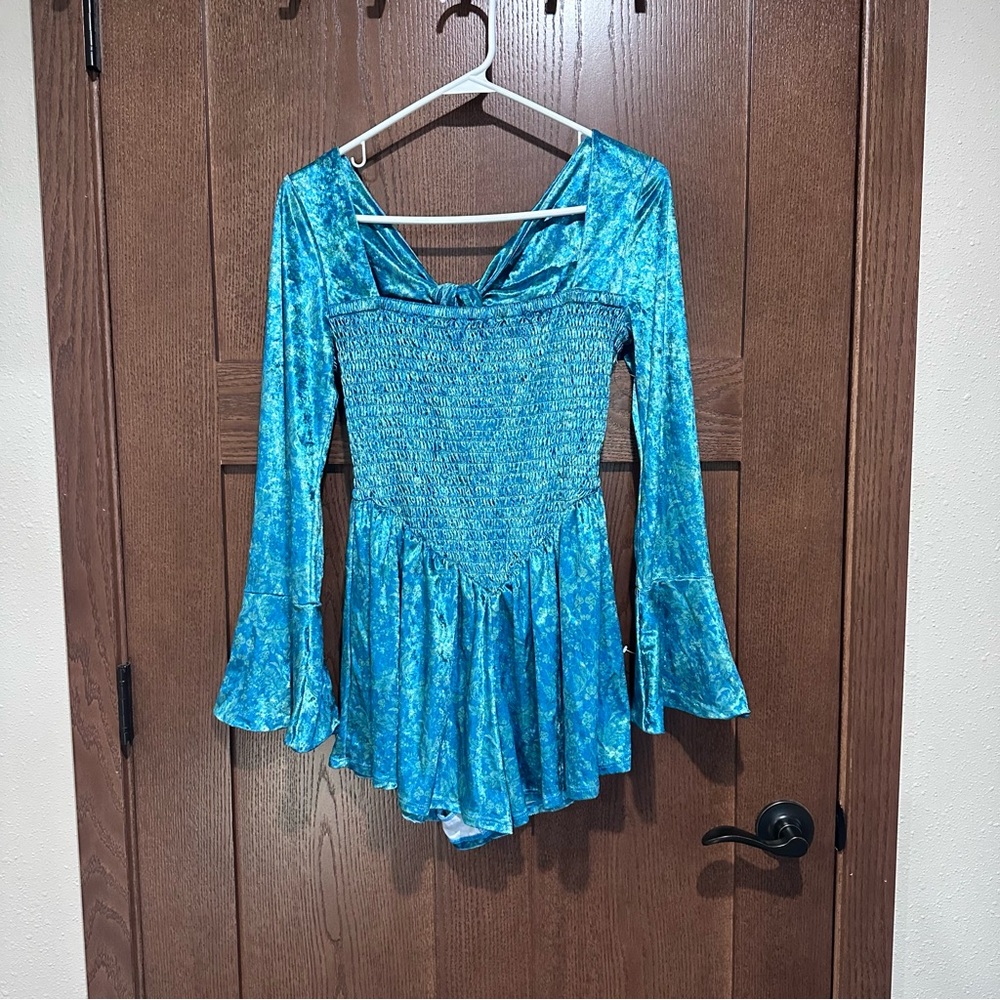 Free People Turquoise Velvet Flare Sleeve Dress